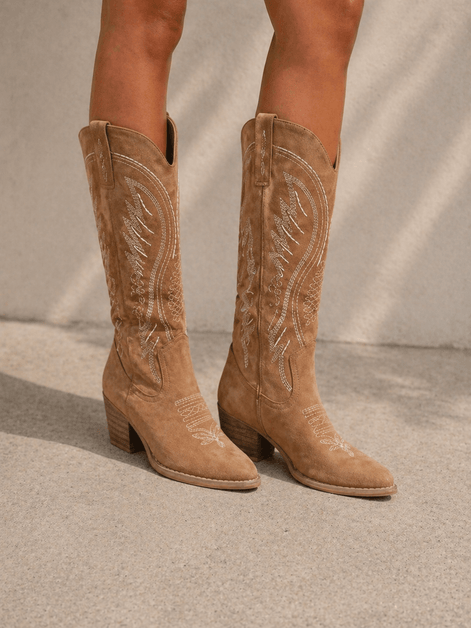 Suede Western Cowboy Knee-High Boots with Block Heel and Embroidered Stitching