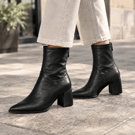 Aldobrandi Pointed-Toe Faux Leather Women's Ankle Boots with Block Heel and Rear Zip
