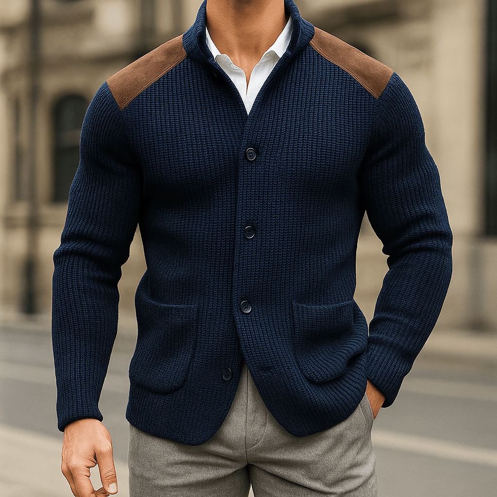 Men's Textured Knit Blazer with Contrast Shoulder Panels