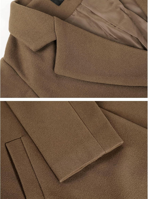 Women's Notch Lapel Double-Breasted Long Wool Winter Coat with Side Pockets