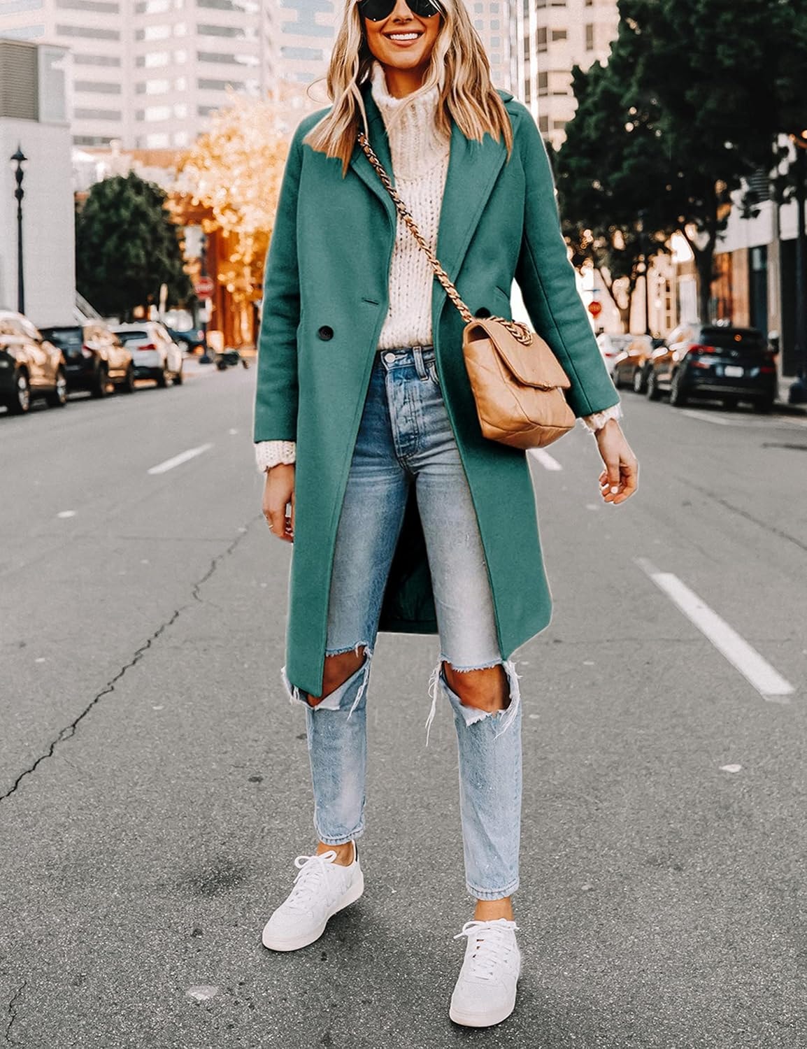 Women's Notch Lapel Double-Breasted Long Wool Winter Coat with Side Pockets