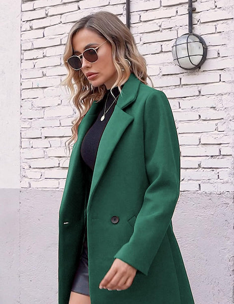 Women's Notch Lapel Double-Breasted Long Wool Winter Coat with Side Pockets