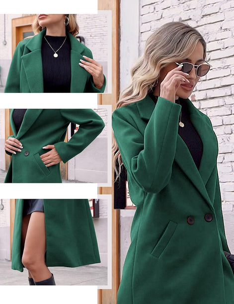 Women's Notch Lapel Double-Breasted Long Wool Winter Coat with Side Pockets