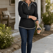 Women's Waffle Knit Henley Top with Button Placket