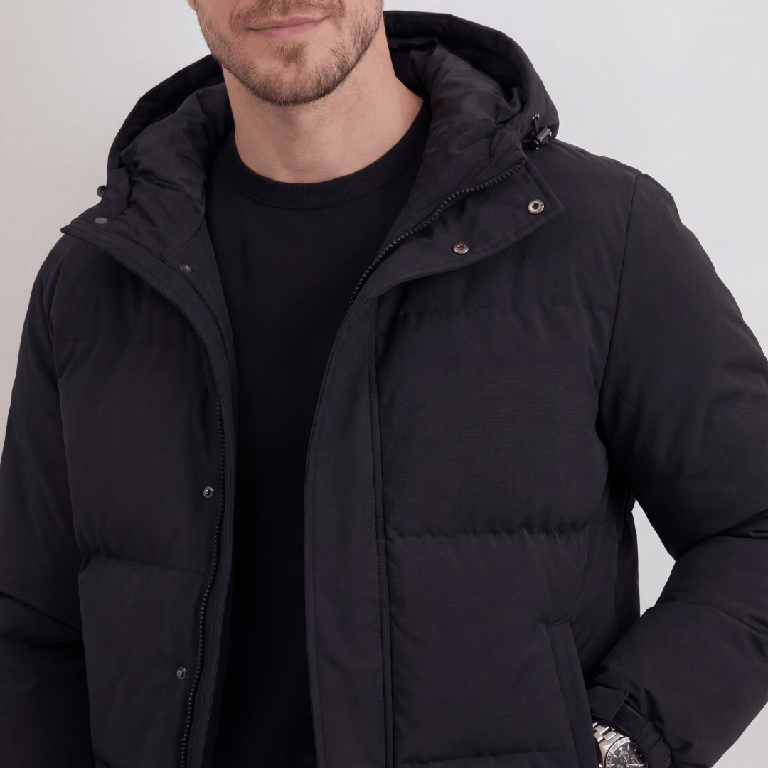 Men's Matte Polyester Puffer Jacket with Adjustable Hood