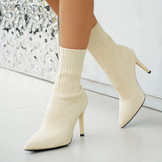 Women's Ribbed Knit Ankle Boots with Pointed Toe and Stiletto Heel