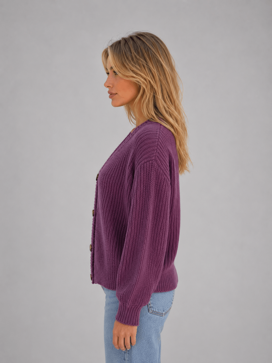 Chunky Ribbed Knit Button-Front V-Neck Women's Cardigan Jumper