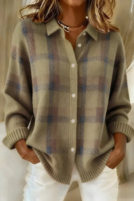 Sarah Plaid Button-Front Knitted Cardigan with Collar