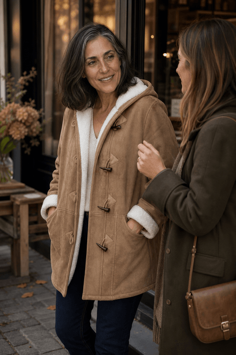 Women's Hooded Faux Suede Toggle Coat with Plush Sherpa Lining