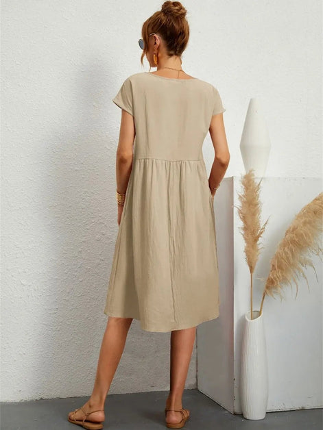 Women's Cotton Blend Christmas Party Shift Midi Dress with Pockets