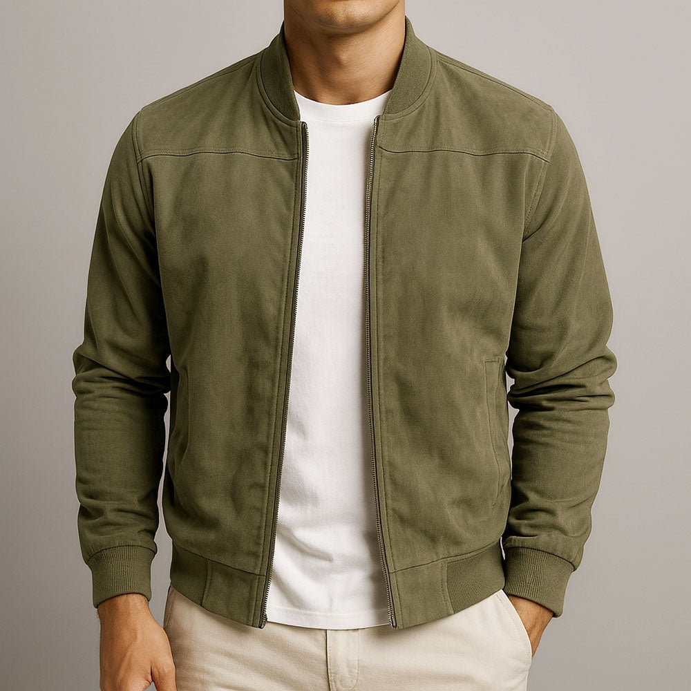 Suede-Textured Bomber Style Jacket for Men with Ribbed Trim