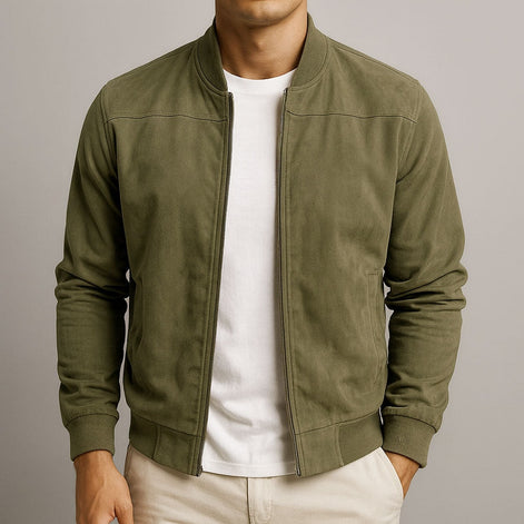 Suede-Textured Bomber Style Jacket for Men with Ribbed Trim