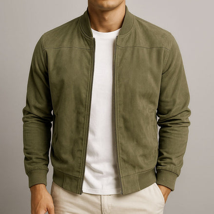 Suede-Textured Bomber Style Jacket for Men with Ribbed Trim
