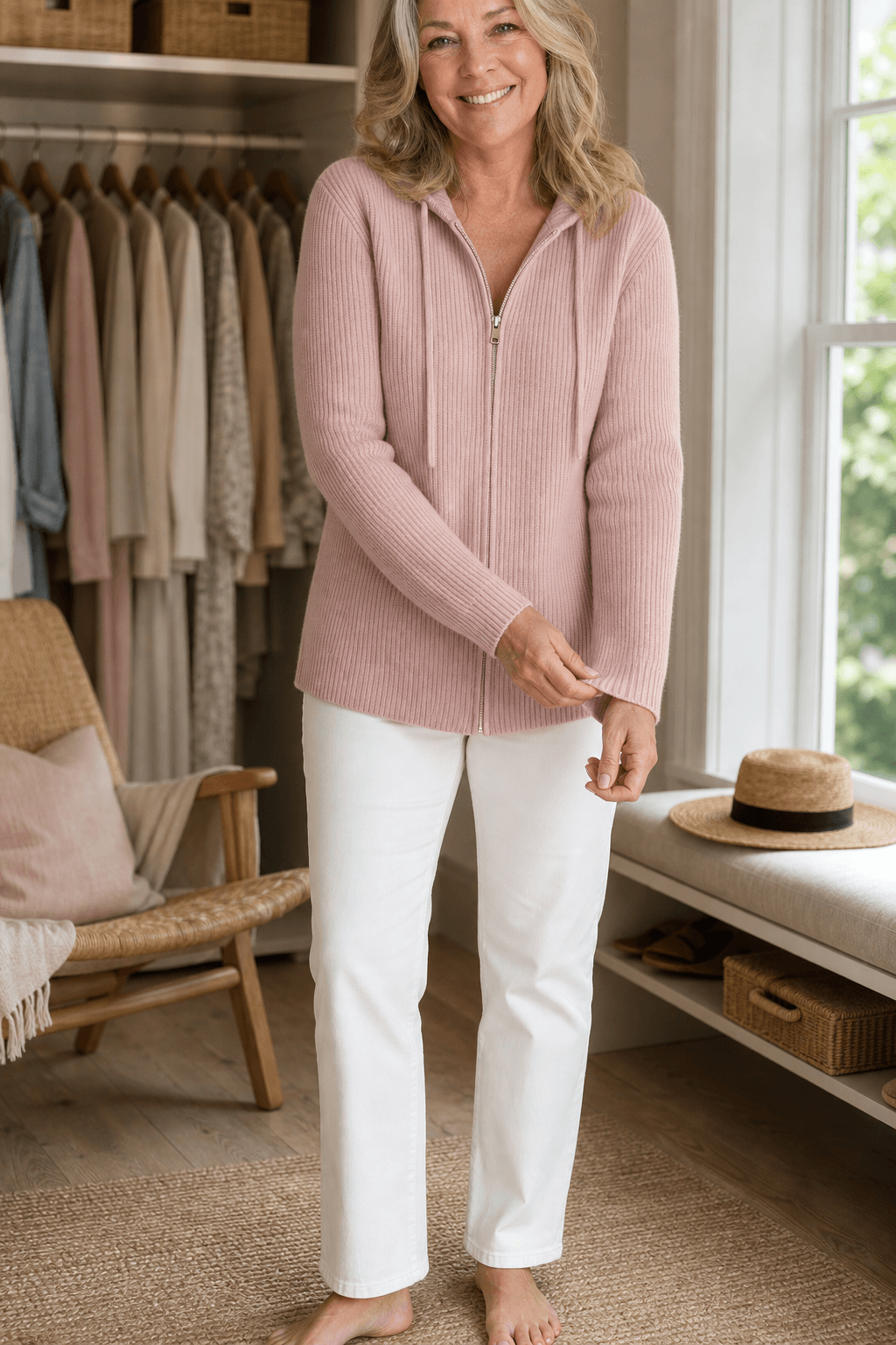 Women's Ribbed Zip-Up Hooded Cardigan with Drawstring Hood