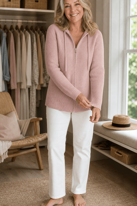 Women's Ribbed Zip-Up Hooded Cardigan with Drawstring Hood