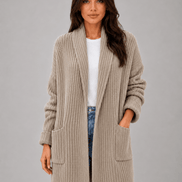 Longline Open-Front Knit Women's Cardigan with Shawl Collar and Pockets