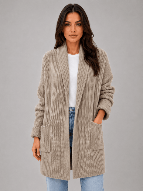 Longline Open-Front Knit Women's Cardigan with Shawl Collar and Pockets