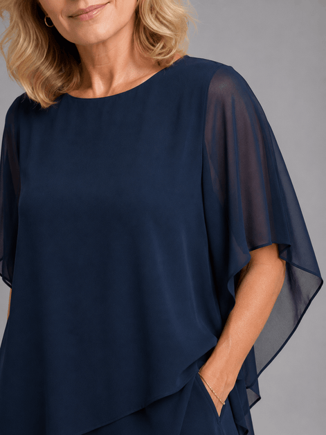 Women's Chiffon Two-Piece Co-Ord Set with Layered Top and Wide-Leg Trousers