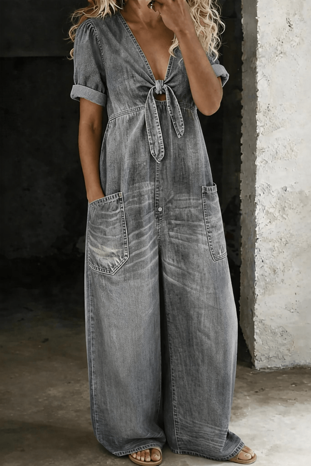 Maya Tie-Front Wide-Leg Denim Jumpsuit with Pockets
