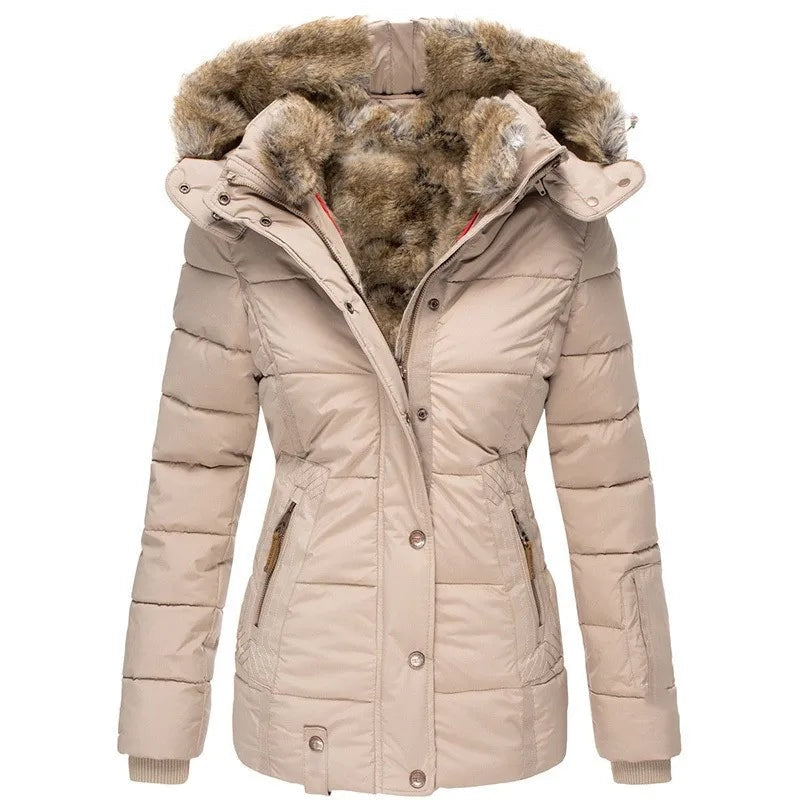 Faux Fur Hooded Puffer Winter Jacket with Detachable Trim for Women