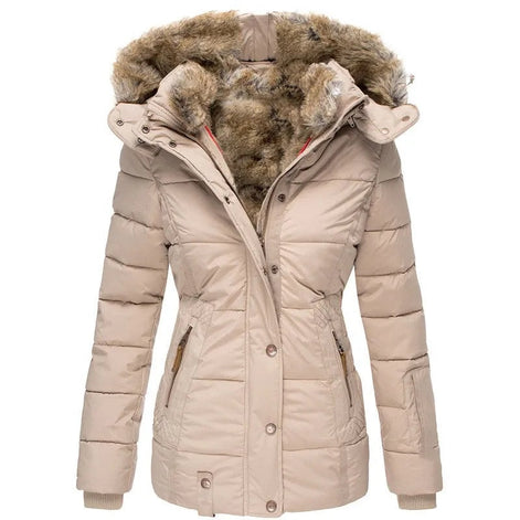 Faux Fur Hooded Puffer Winter Jacket with Detachable Trim for Women