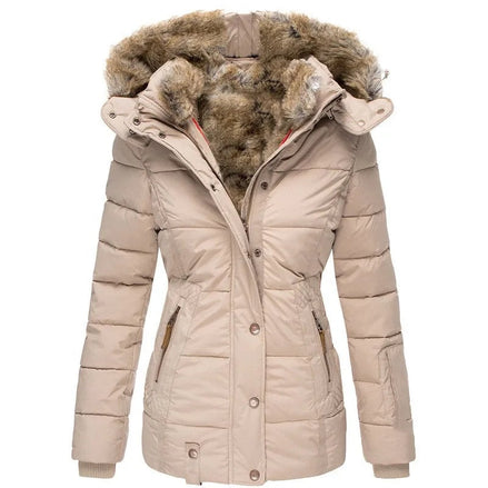 Faux Fur Hooded Puffer Winter Jacket with Detachable Trim for Women