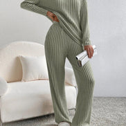 Women's Ribbed V-Neck Top and Trousers Two Piece Set