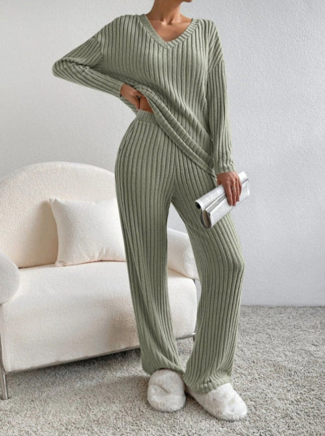 Women's Ribbed V-Neck Top and Trousers Two Piece Set