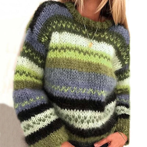 Drune Striped Fair Isle Crew Neck Wool Blend Knitted Jumper for Women