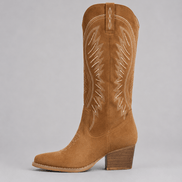 Suede Western Cowboy Knee-High Boots with Block Heel and Embroidered Stitching