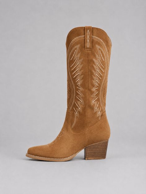 Suede Western Cowboy Knee-High Boots with Block Heel and Embroidered Stitching