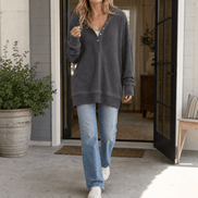 Waffle Knit Button Henley Hooded Sweatshirt for Women