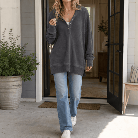 Waffle Knit Button Henley Hooded Sweatshirt for Women
