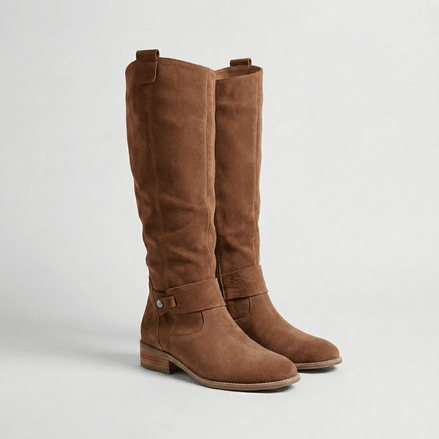 Women's Knee-High Slouch Boots with Buckle Strap Detail in Suede-Look Finish