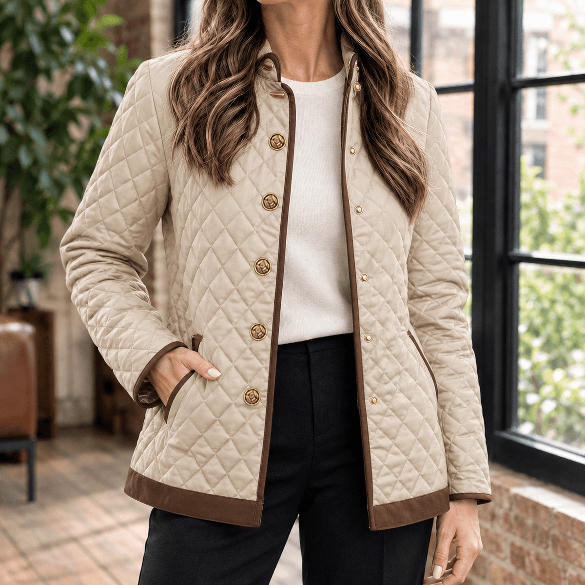 Women's Diamond Quilted Puffer-Style Jacket with Contrast Trim