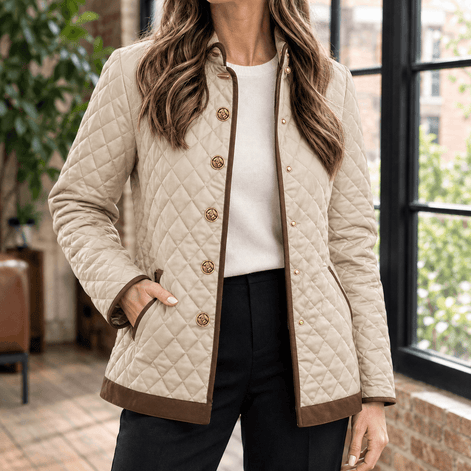 Women's Diamond Quilted Puffer-Style Jacket with Contrast Trim