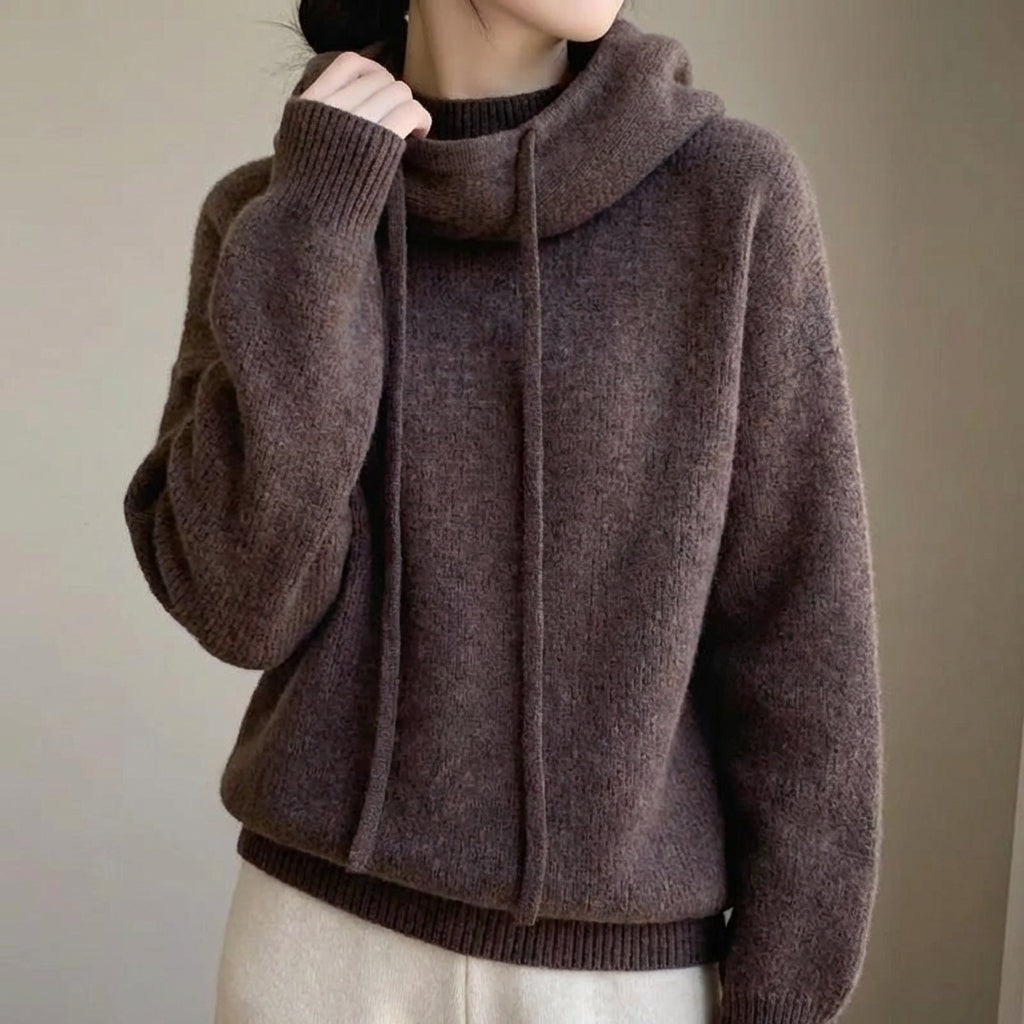 Women's Merino Wool Hooded Knitted Jumper with Drawstring