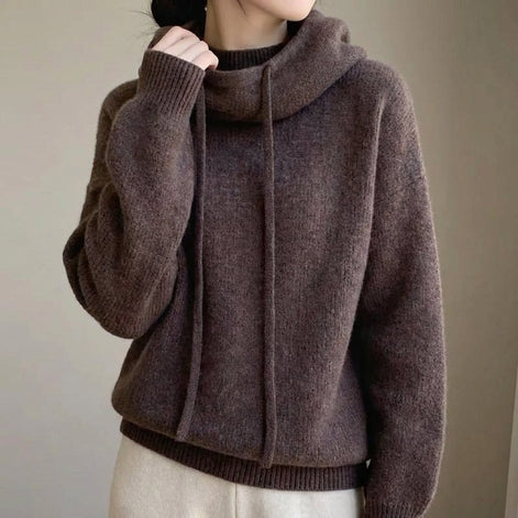 Women's Merino Wool Hooded Knitted Jumper with Drawstring