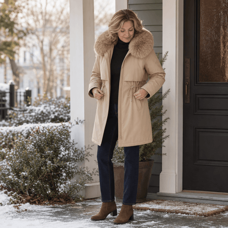 Women's Hooded Mid-Length Parka Coat with Faux-Fur Trim