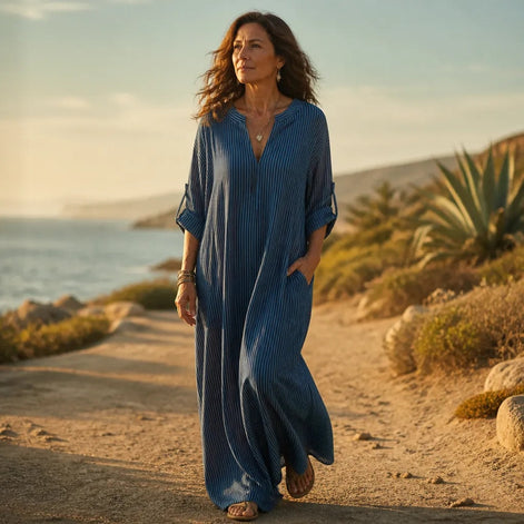 Vestara Striped V-Neck Maxi Dress with Pockets and Long Sleeves