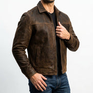Carver Distressed Leather Puffer Jacket for Men with Classic Collar
