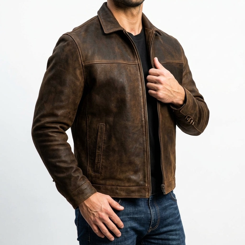 Carver Distressed Leather Puffer Jacket for Men with Classic Collar
