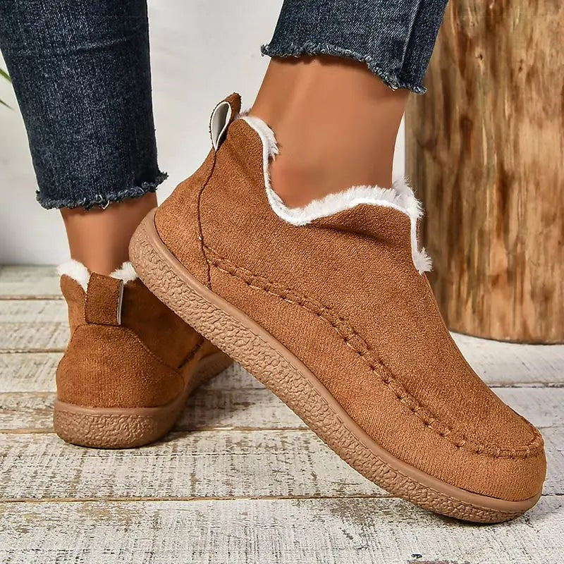 Cay Fur-Lined Suede Winter Ankle Boots for Women with Stitched Moc Toe