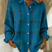 Women's Plaid Knit Button-Up Shirt Jumper with Collar