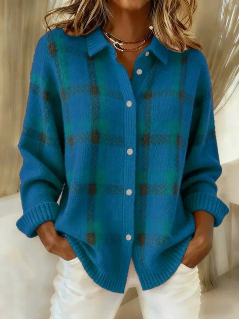 Women's Plaid Knit Button-Up Shirt Jumper with Collar