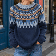 Women's Fair Isle Patterned Knitted Jumper with Ribbed Cuffs