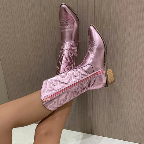 Nadia Embroidered Mid-Calf Cowboy Boots with Block Heel for Women