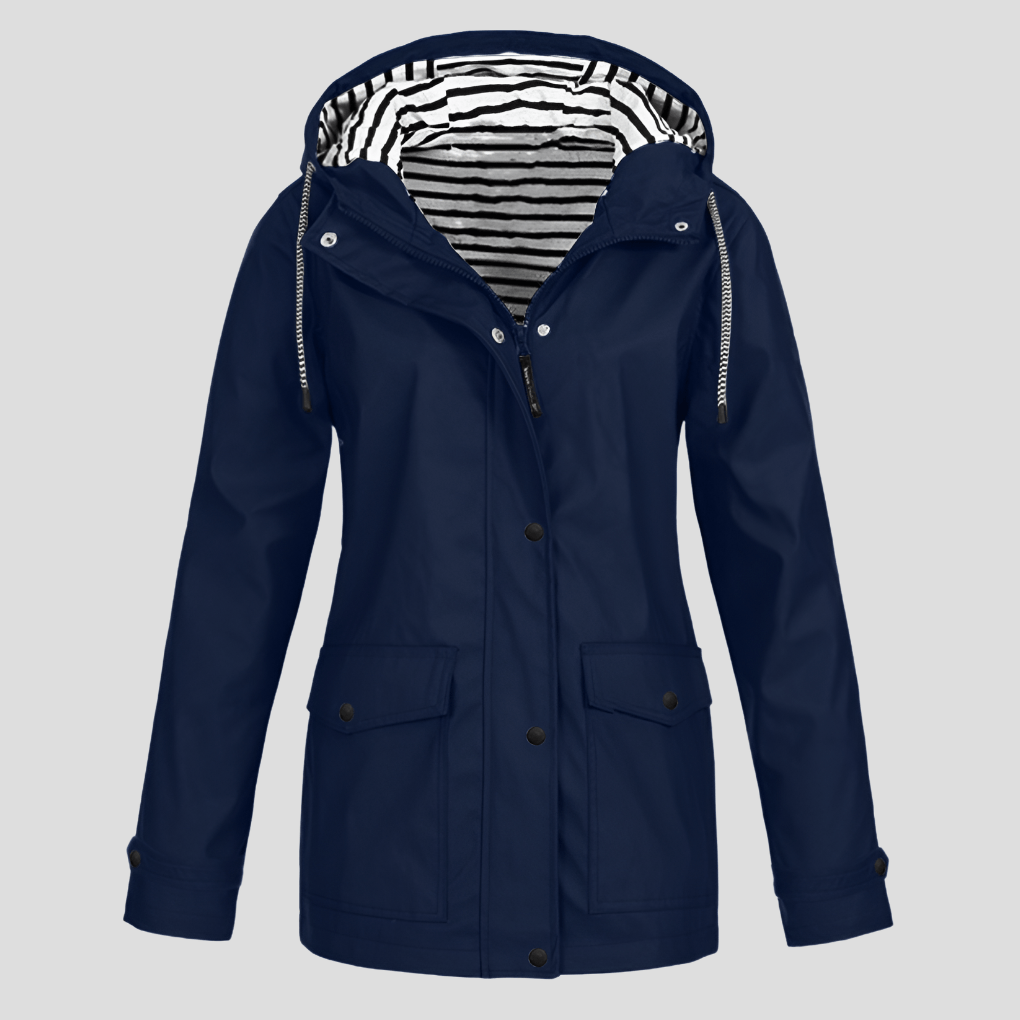 Women's Waterproof Hooded Rain Jacket with Zip Front and Snap Button Pockets