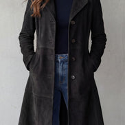 Suede-Effect Longline Coat with Tailored Waist for Women in Winter