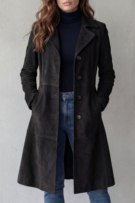 Suede-Effect Longline Coat with Tailored Waist for Women in Winter